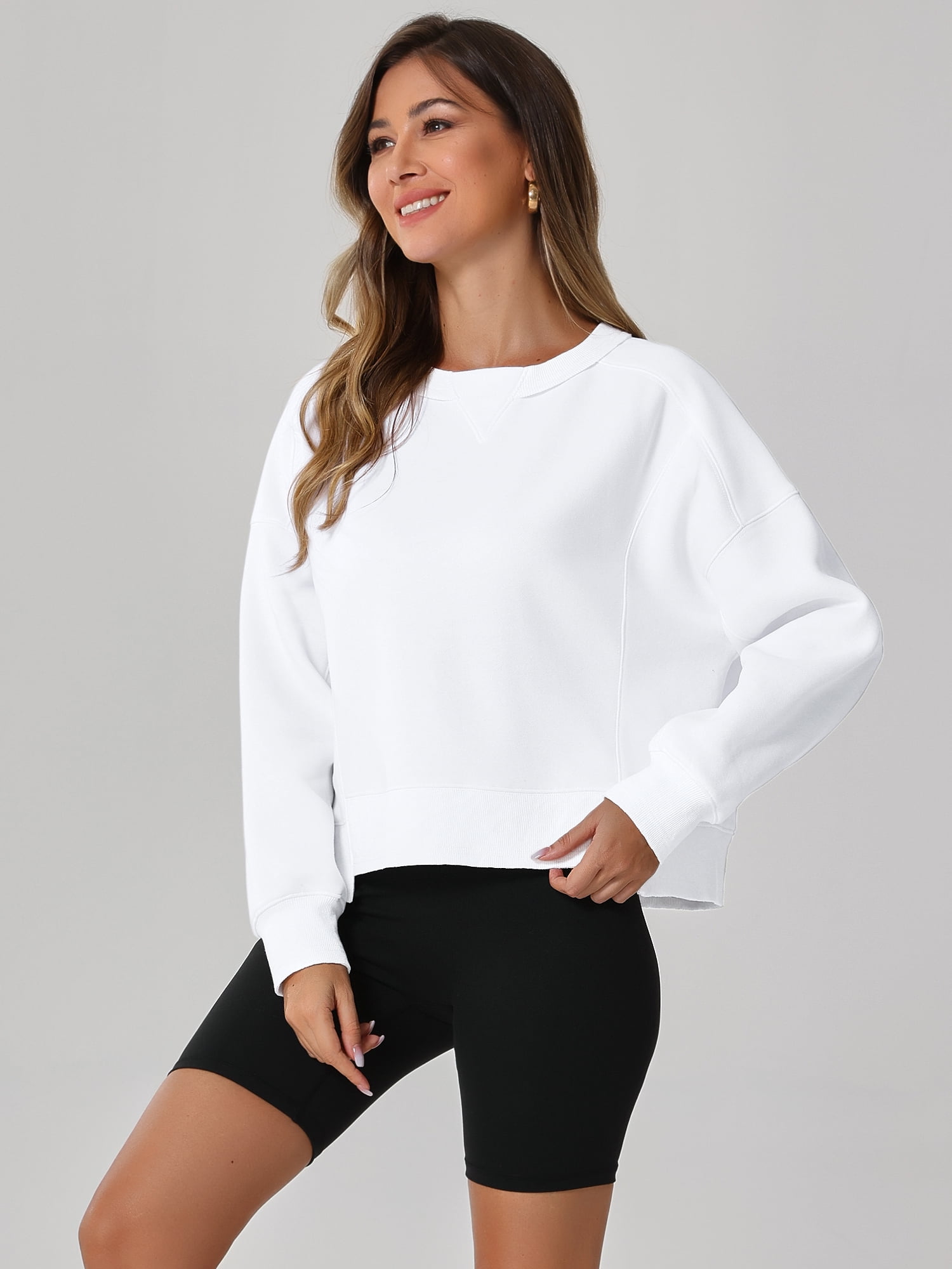 Unique Bargains Women Crew Neck Fleece Pullover Oversized Cropped Sweatshirt S White
