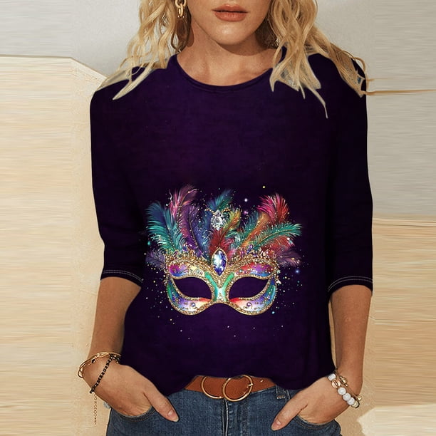 TaTaai Carnival Women's Casual Print Round Neck 3/4 Sleeve T-Shirt Loose Top Gift