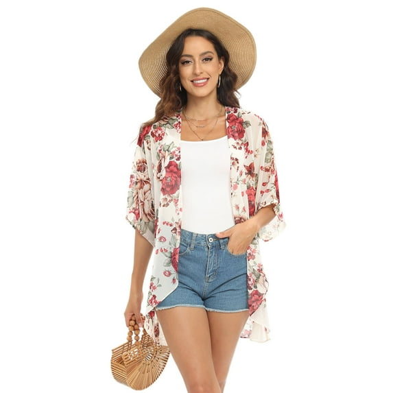 EFINNY Women's Floral Print Puff Sleeve Kimono Cardigan Loose Casual Cover Up Swimsuit Sunscreen Blouse Tops with Belt S-XXL
