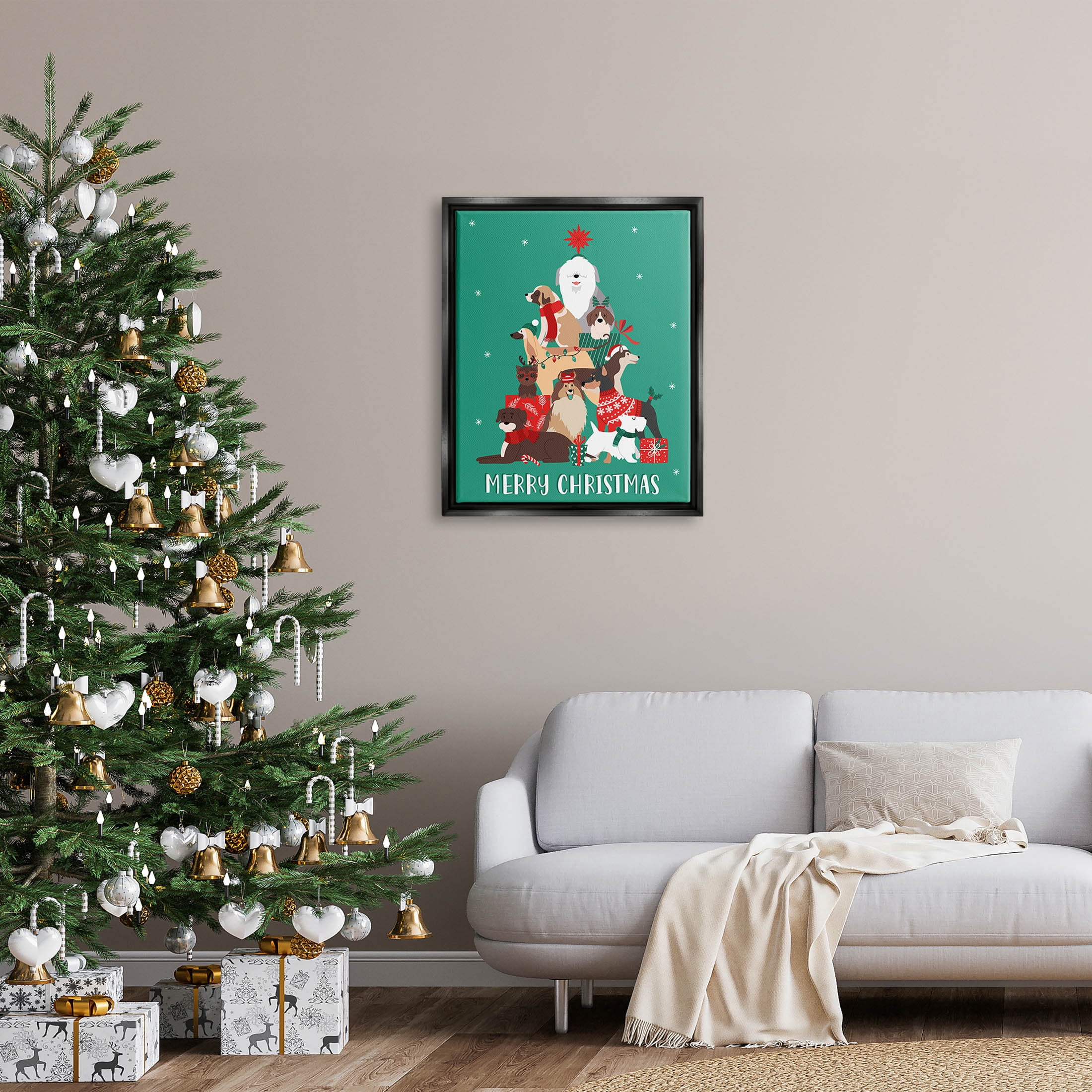 Merry Christmas Happy Dog Gifts Holiday Graphic Art Jet Black Framed Art Print Wall Art