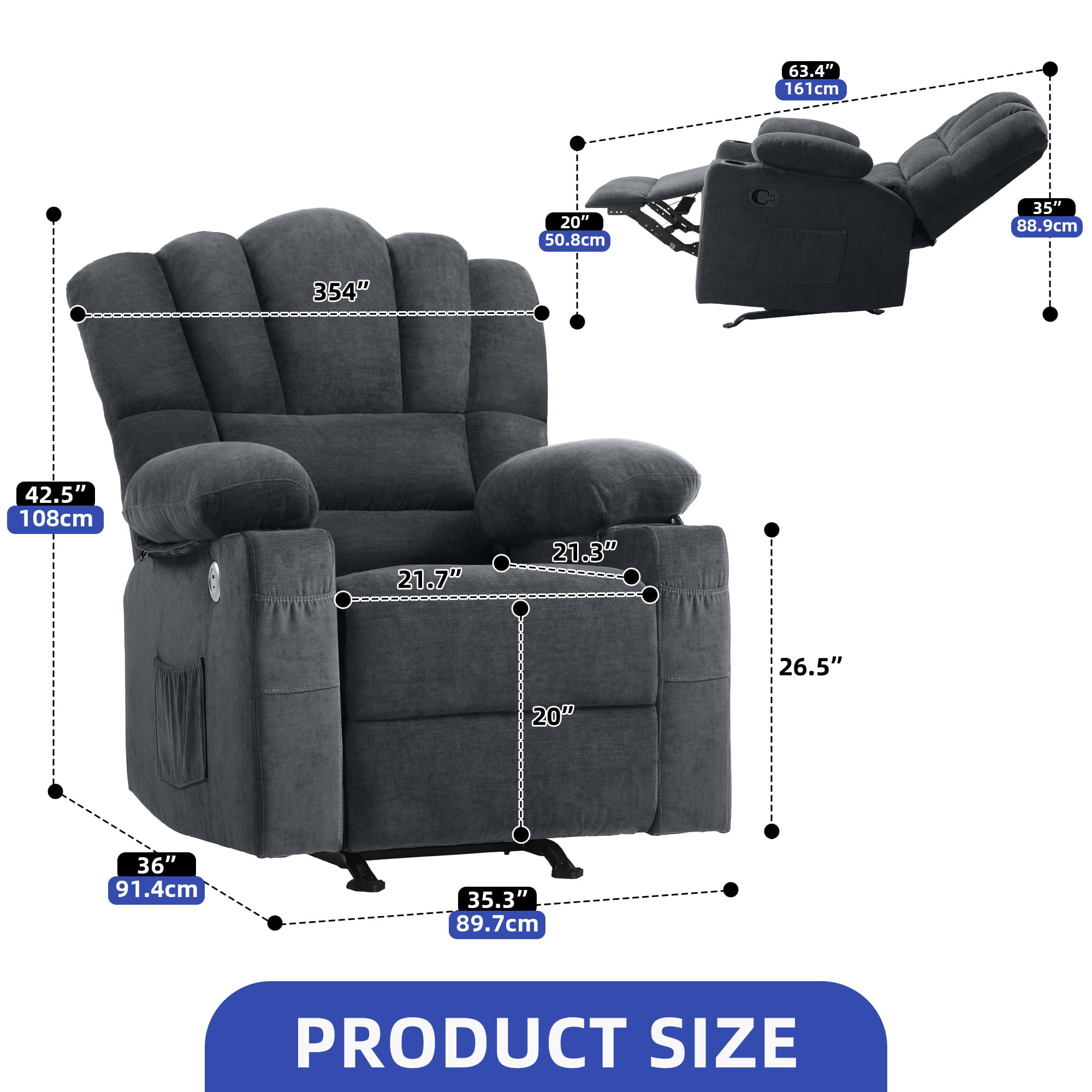 Uforic Gray Fabric Recliner Chair with Massage and Heat, Glider Rocker Recliner Chair, Manual Rocking Chair with 2 Integrated Cup Holders, USB Charging Port, and Handy Side Pocket