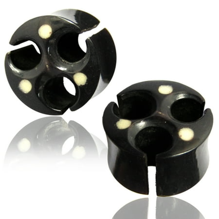 Organic Black Water Buffalo Horn Cut-Out Viking Style Two-Tone Double Flared Saddle Ear Plugs, Pair
