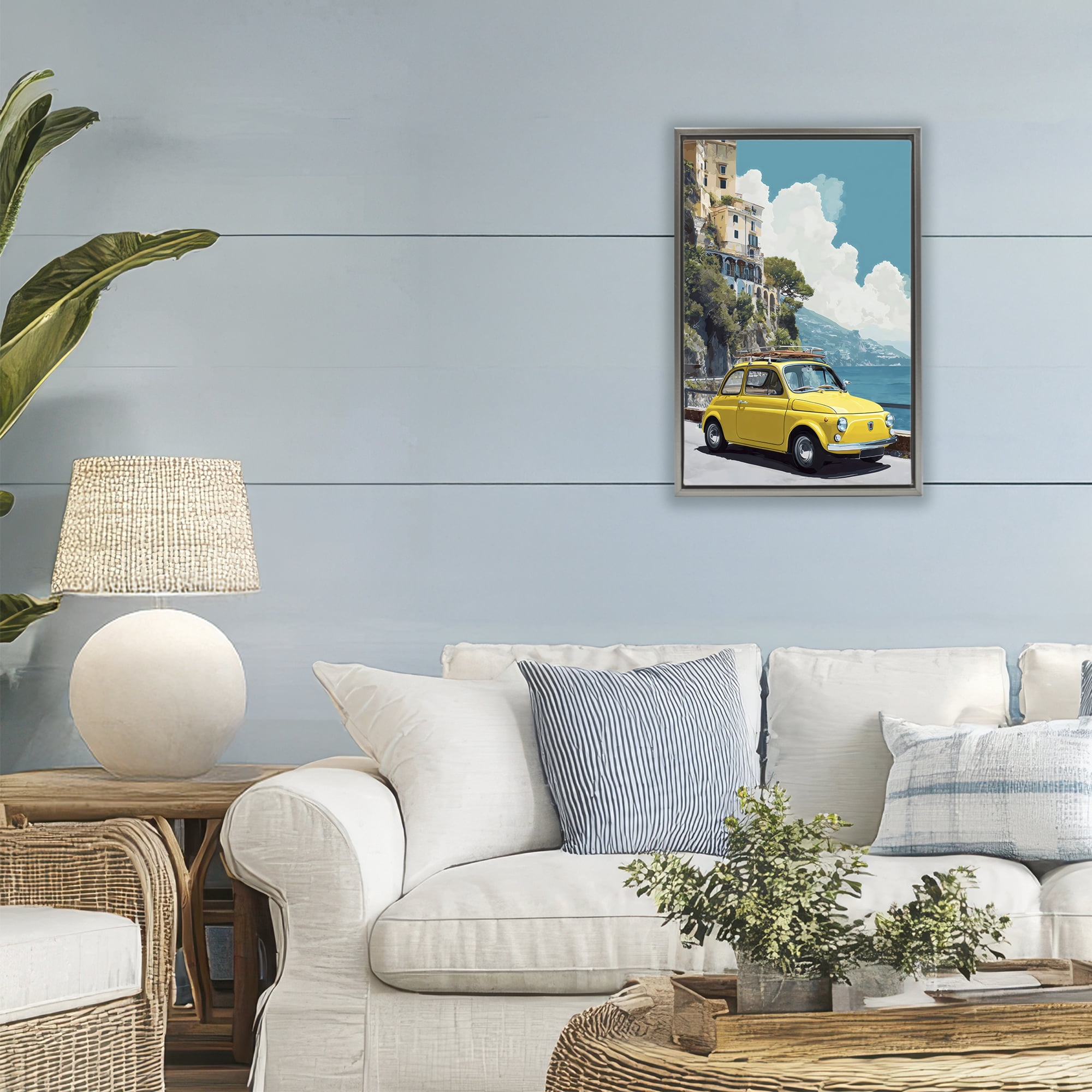Stupell Industries Yellow Car on Coast Gray Framed Floater Canvas Wall Art, design by Petal Prints Design