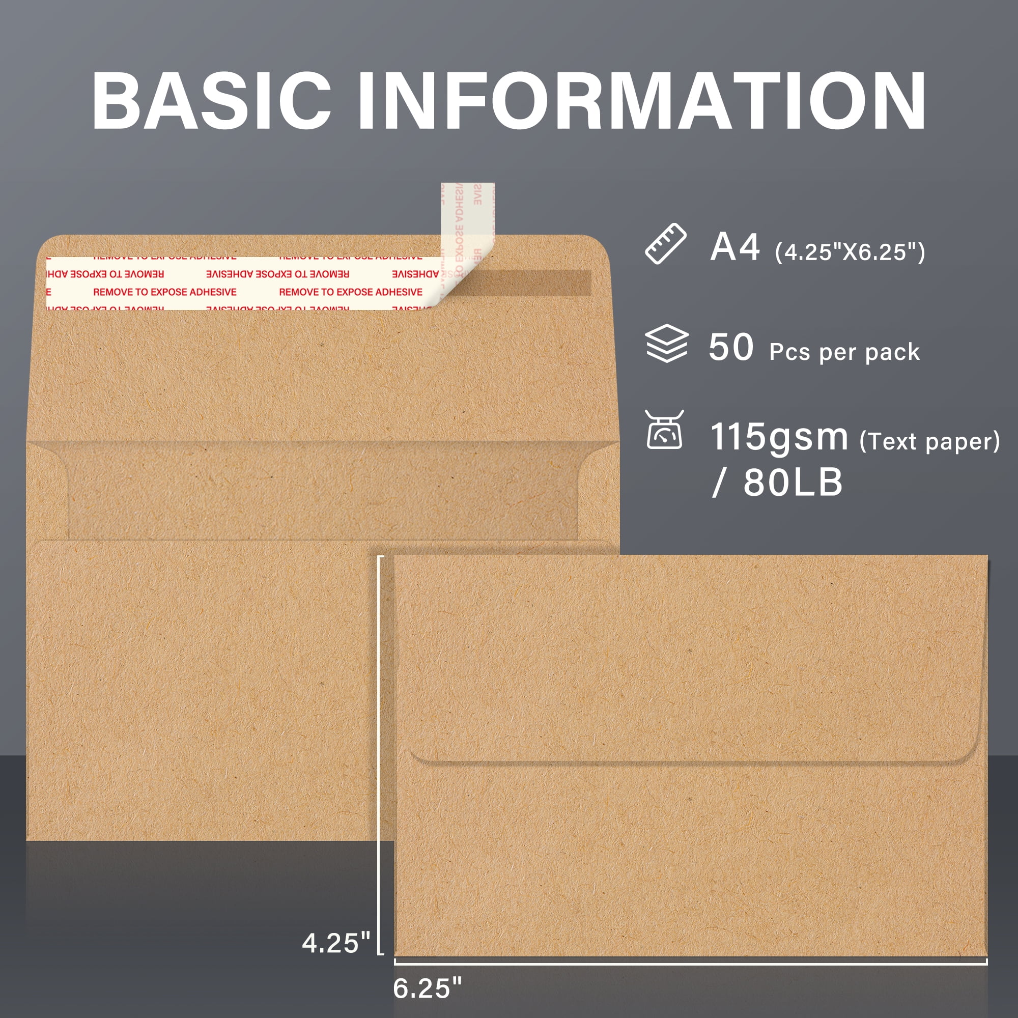 (6 pack) Brown Kraft Paper Envelopes 4x6, A4 Self Seal Invitation Envelope 4 1/4 x 6 1/4, 50PK 115gsm, Printable Envelopes for Wedding Card, Greeting Card, Photos