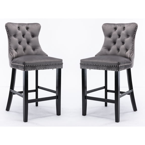 Set of 2 Velvet Dining Bar Chairs Contemporary Velvet Upholstered Barstools with Button Tufted Decoration and Wooden Legs, Luxury Tufted Back with Nailed Trim and Back Ring Pull