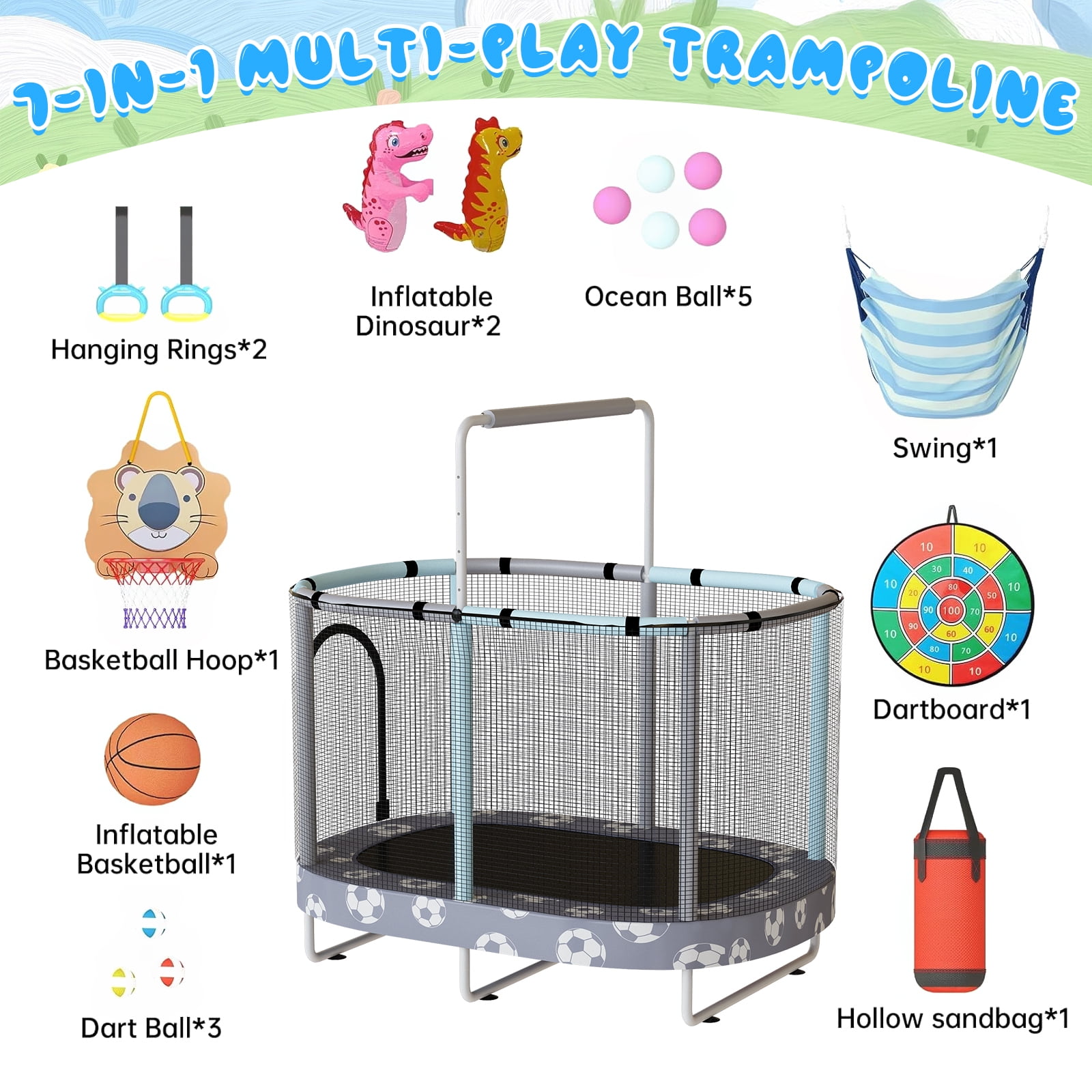 Baxluxe 60" Kids Trampoline 7-in-1, Elliptic Toddler Trampoline with Safety Enclosure Net, Height Adjustable Handrail & 500lbs Capacity, Mini Bouncer with Swing for Age 3-8, Gray Football