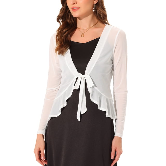 INSPIRE CHIC Boléros en Maille à Volants à Manches Longues Décontractés à Nouer Soi-Même pour Femmes Blanc P