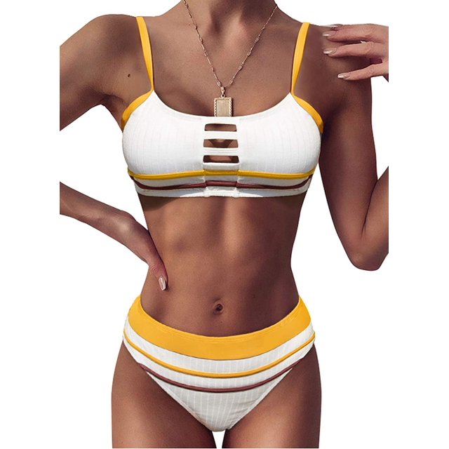 Women's 2 Piece Bikini Swimsuits Fashion Color Block High Waist Summer Beachwear Bathing Suits Sets