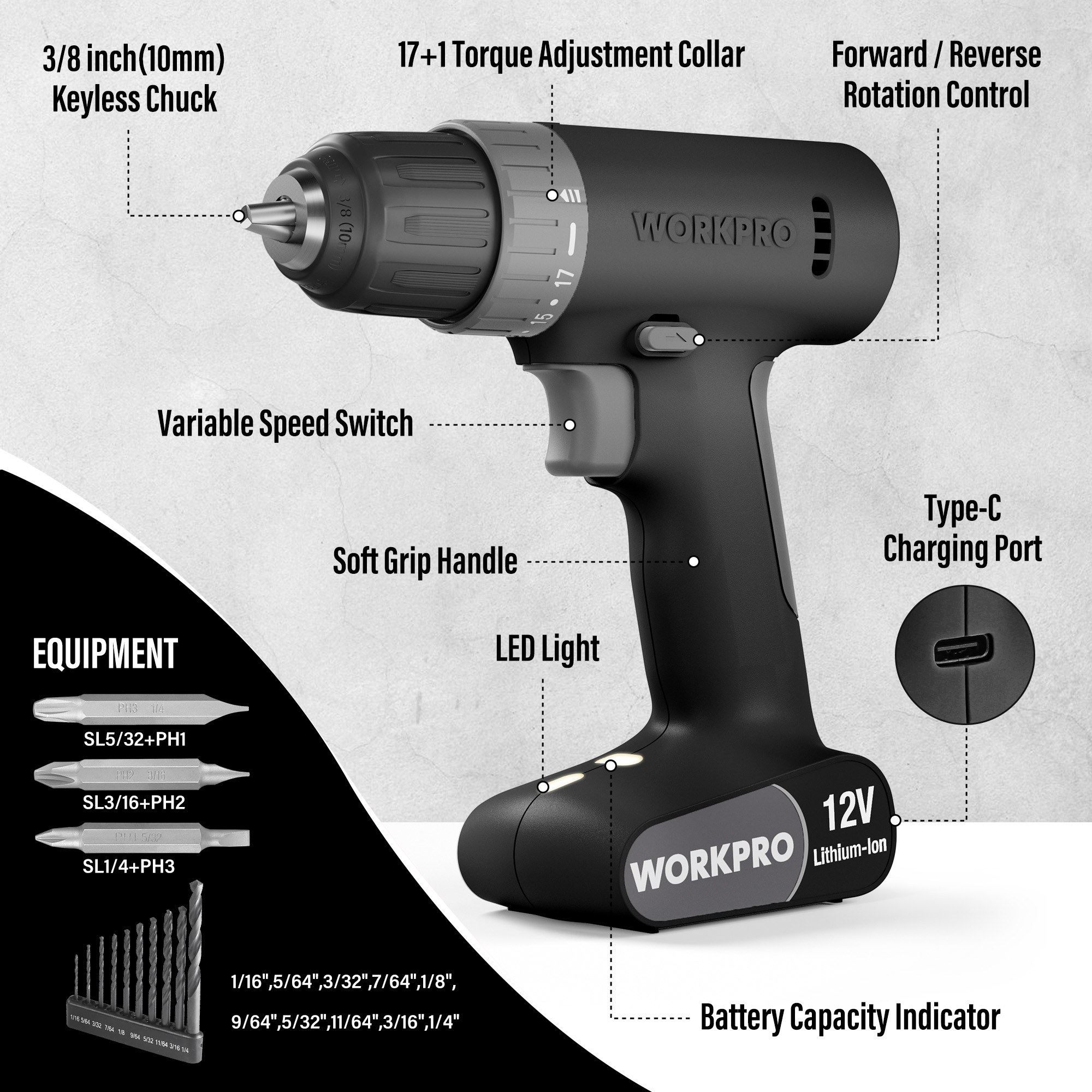 WORKPRO 12V Cordless Drill Set with Bits, 3/8" Keyless Chuck, 2-Speed, USB Type-C Charging Cable, Built-in LED Light, Compact for Home & DIY