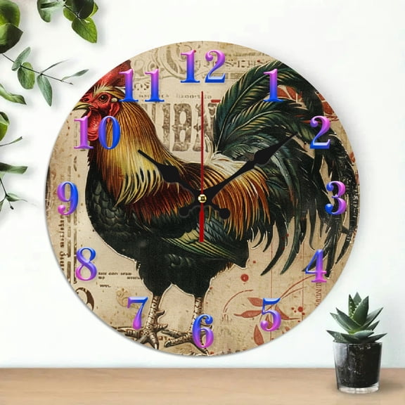 1 pc rooster Theme Wood Wall Clock, 10 inch Wall Clock Great for Living Room, Kitchen, Dorm Decoration and Daily Practical Gift