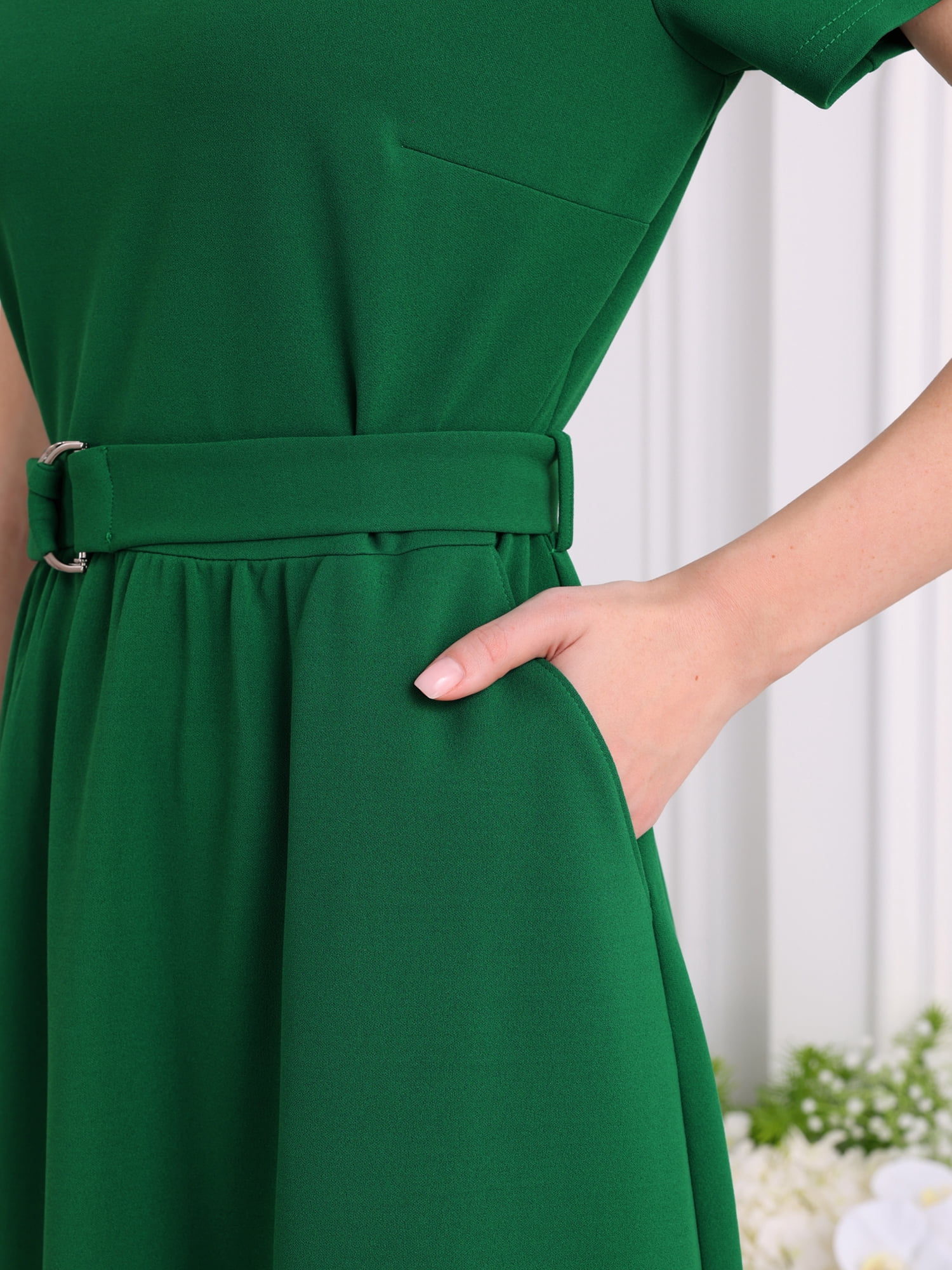 DARING DIVA Short Sleeve A-Line Belted Summer Casual Midi Dress M Green