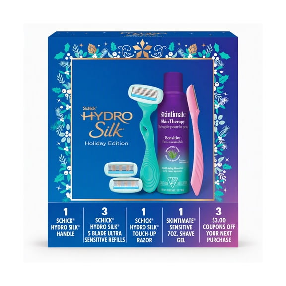 Schick Hydro Silk Holiday Gift Set For Women, Womens Razor, Refills, Dermaplane Razor & Shave Gel