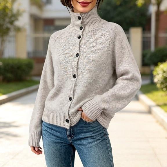 Xingjin Turtleneck Sweater Coat, Women's Button Front Knit Cardigan, Loose Fit Long Sleeve Outerwear for Casual and Warm Layering