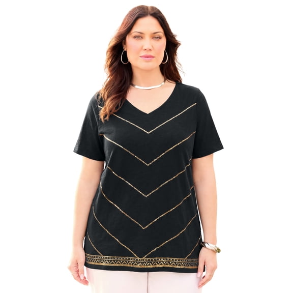 Catherines Women's Plus Size Slub Knit V-Neck Sequin Tee