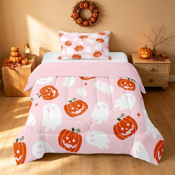 Homewish Ghost Pumpkin Twin Comforter Sets for Girls, Happy Halloween Themed Bedding Set, Pink Orange White, Pink Reversible, 2pcs 1 Comforter and 1 Pillowcase