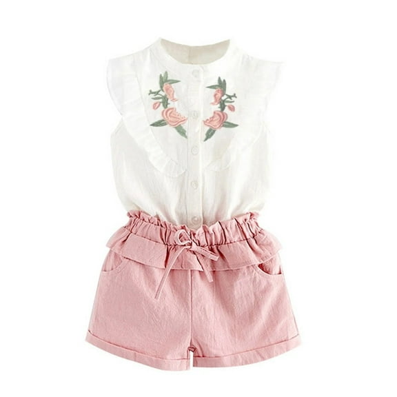 XBASW Kids Toddler Baby Girls Shorts Set Embroidery Ruffle Sleeveless Shirt Tops   Solid Color Shorts Summer 2PCS Outfits 2-7T