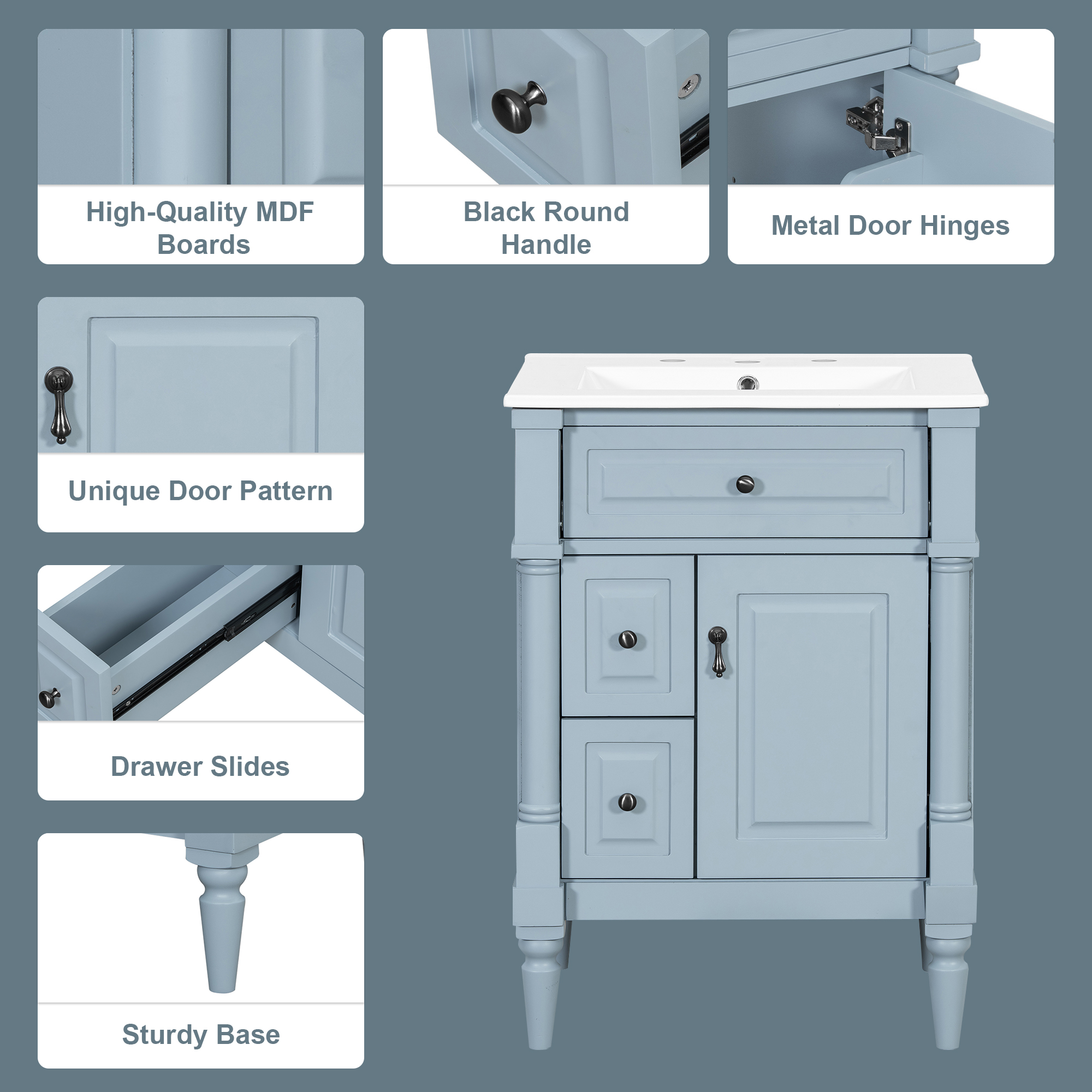 Euroco 24 Inch Bathroom Vanity with Sink, Grey Blue Freestanding Bathroom Cabinet with Flip Drawer, Adjustable Shelf, Solid Rubberwood Frame, MDF Panels & Metal Handles