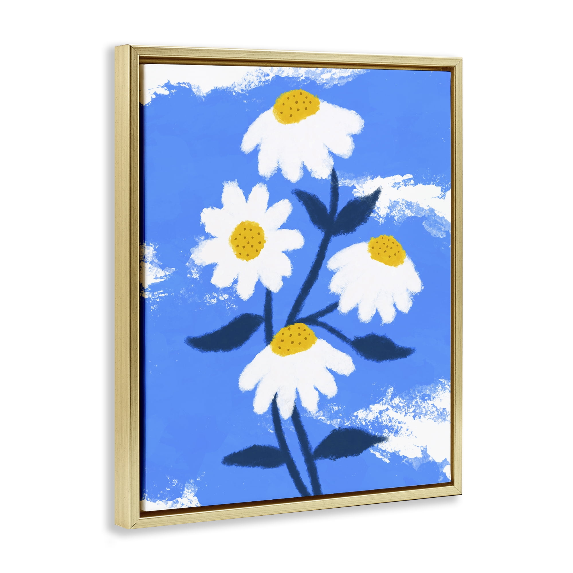 Stupell Industries Daisy Bloom with Clouds Plants & Flowers Painting Gold Floater Framed Canvas Art Print Wall Art, 25 x 31