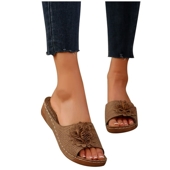 THDHVS Womens Wedge Sandals,Comfortable Sandals for Women,Fashion Women Casual Round Head Comfy Slippers Beach Casual Slipsole Shoes Brown 5.5