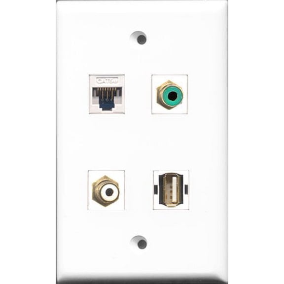 RiteAV 1 Port RCA White and 1 Port RCA Green and 1 Port USB A-A and 1 Port Cat5e Ethernet White Wall Plate