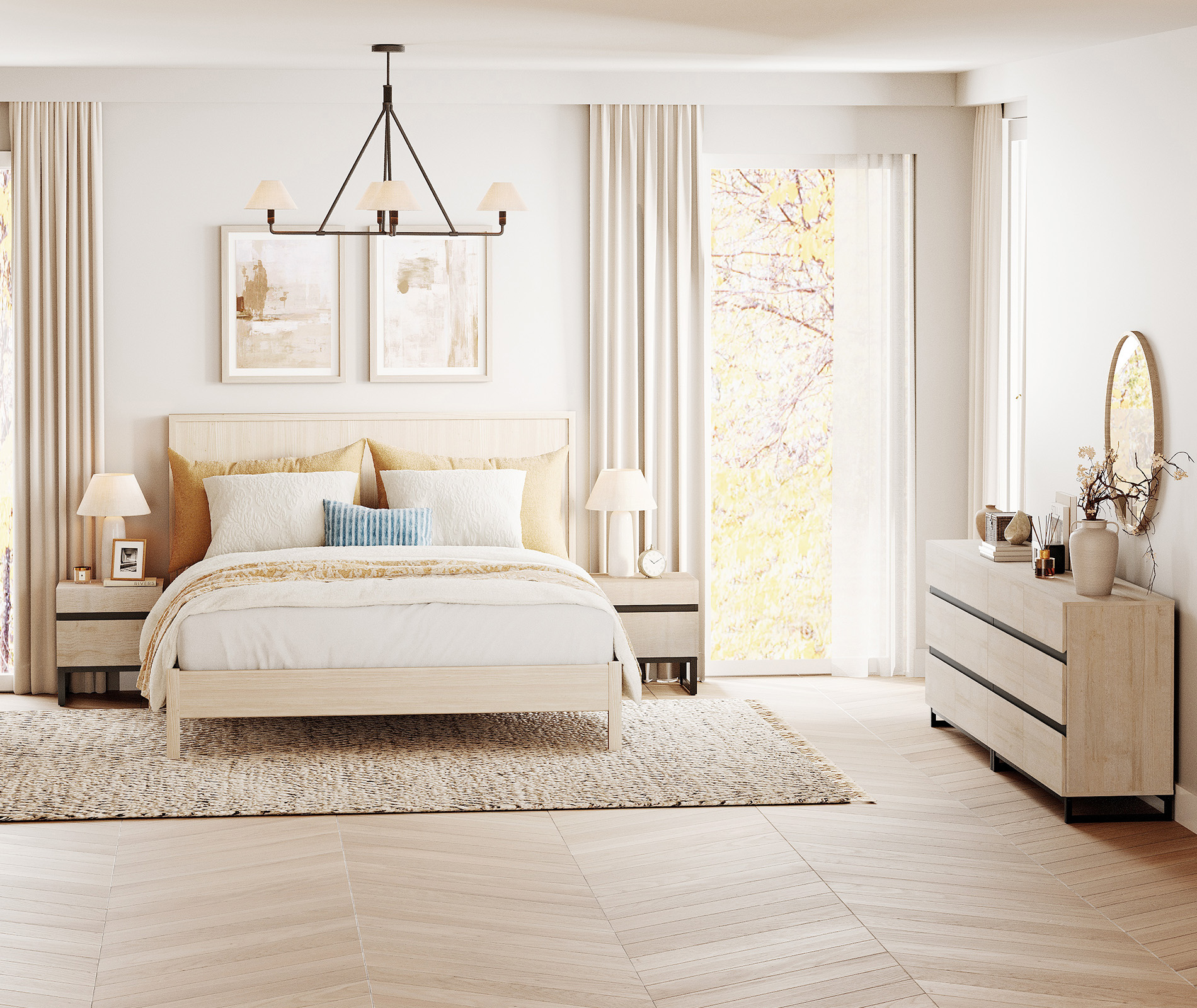 WAMPAT 4-Piece Bedroom Set,Modern 94.5" 12-Drawer Dresser & 2 Nightstands (2 Drawers Each)