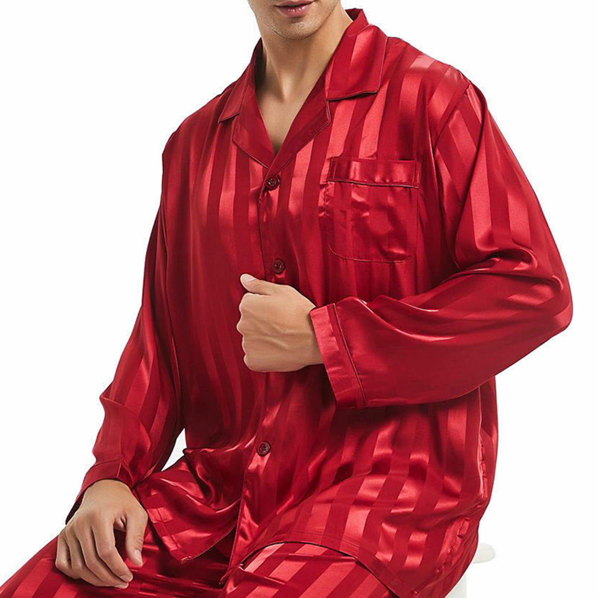 Summer Mens Silk Satin Pajamas Set Pajama Pyjamas Sleepwear Set Plus Striped Black 