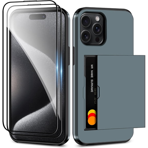 for iPhone 15 Pro Case with Card Holder   2 Tempered Glass Screen Protector [Upgraded] Heavy Duty Dual Layer Shockproof Hidden Card Slot Slim Wallet Case for iPhone 15 Pro 6.1 inch Dark Blue