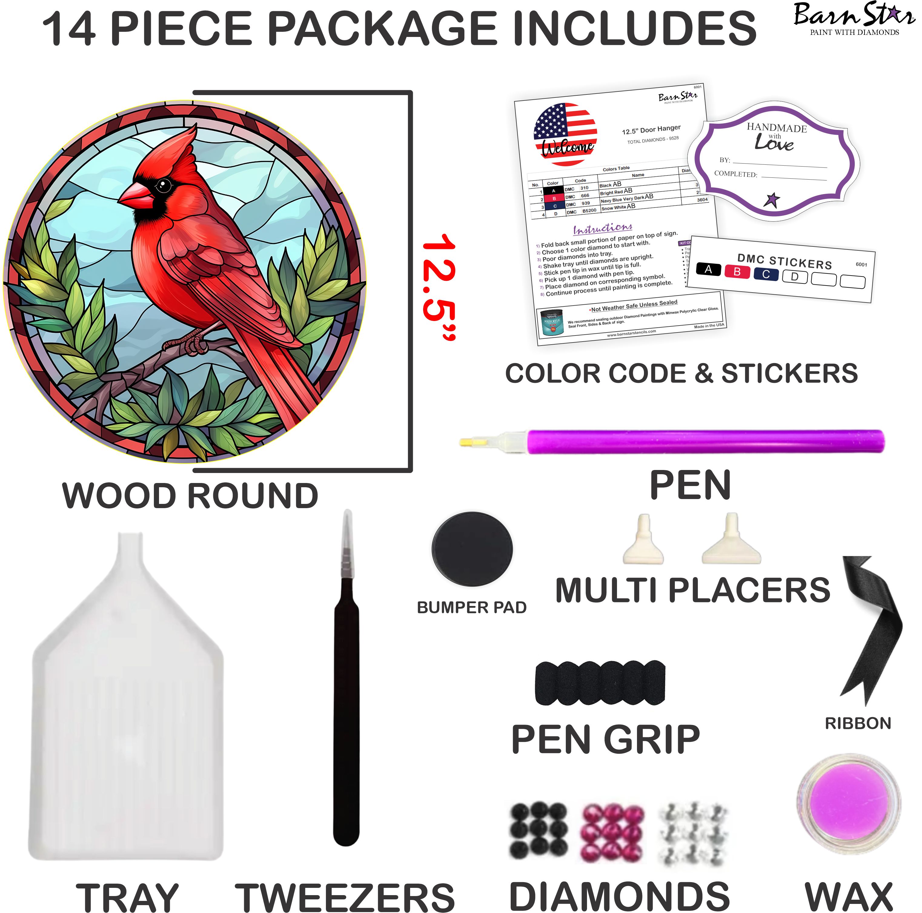 Diamond Painting Art Kit, Cardinal Wood Sign