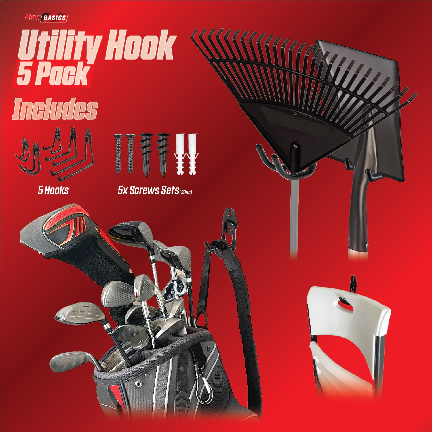 (2 pack) PeerBasics, 5 Pack Hook Set, Black, Metal, PVC Coated, Average 50 lb Capacity, Hardware Included