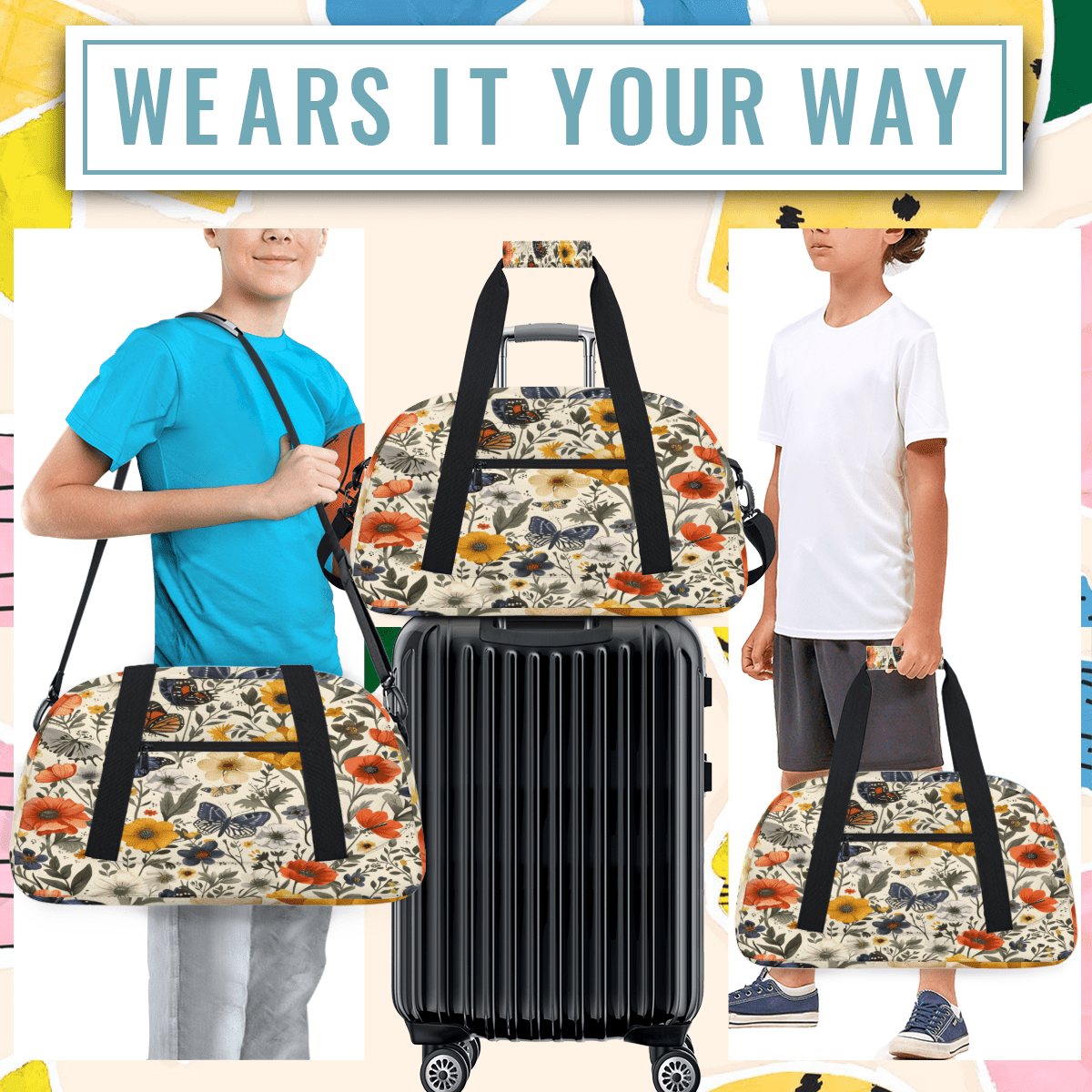 Herdesigns Butterfly Sports Duffle Bag for Women & Men, Flower Gym Bag Dance Bag Overnight Bag Carry On Weekender Travel Bag