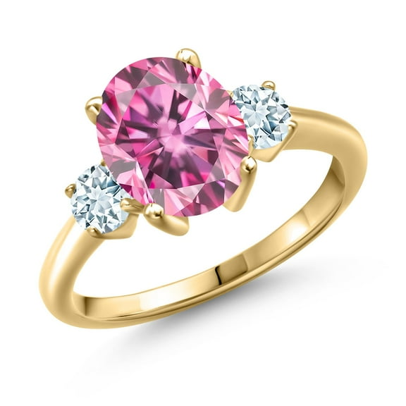 Gem Stone King 18K Yellow Gold Plated Silver Ring Oval Pink Moissanite and Aquamarine Sky Blue (3.32 Cttw, Size 9)