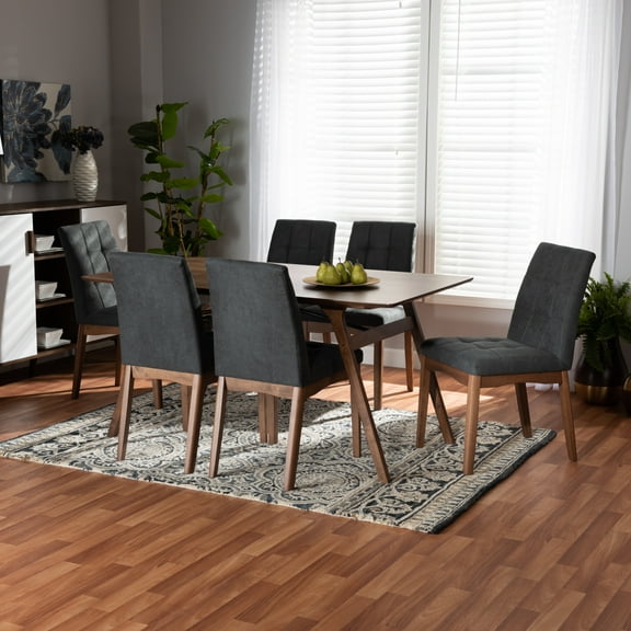 Baxton Studio Tara Mid-Century Modern Dark Grey Fabric Upholstered and Walnut Brown Finished Wood 7-Piece Dining Set