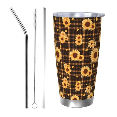 

Logiee Brown Plaid Sunflower Print 20OZ Car Cup with Lid Stainless Steel Vacuum Insulated Double Wall Travel Tumbler Durable Insulated Coffee Mug Thermal Cup with Straw-Straw Three-piece Set