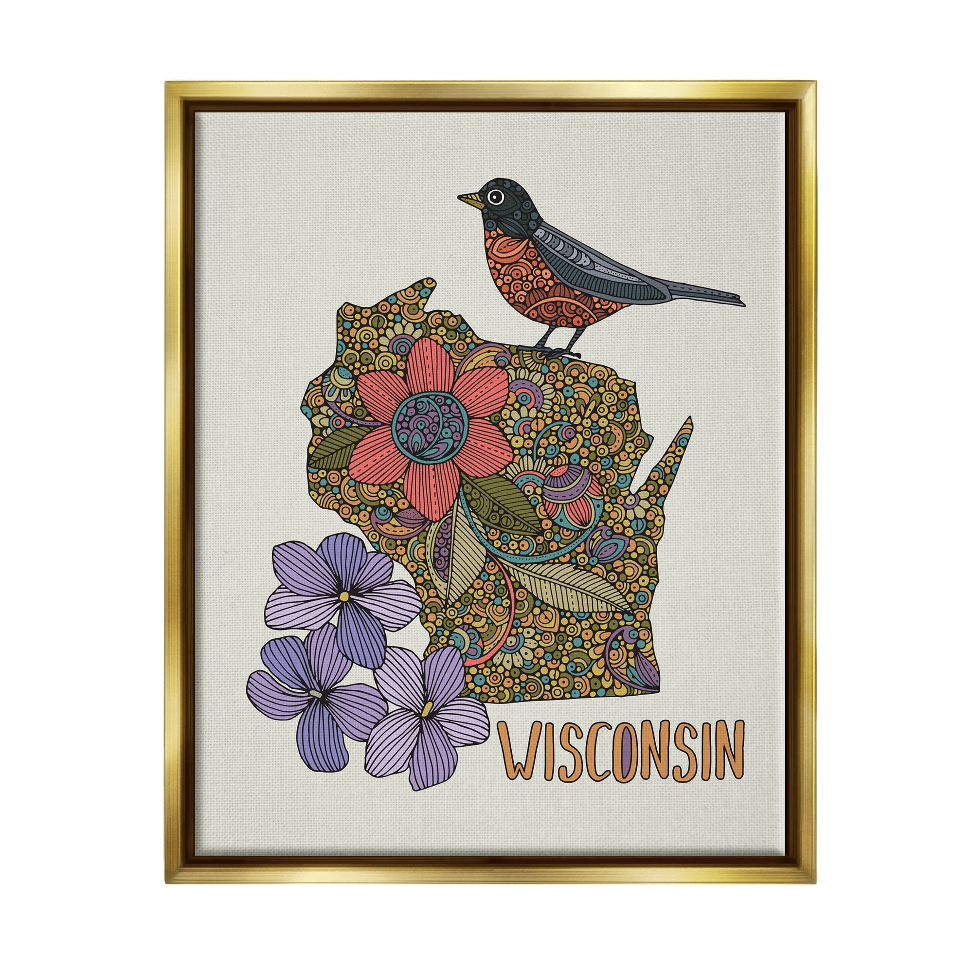 Stupell Industries Intricate Wisconsin Robin State Flower Pattern Design Graphic Art Metallic Gold Floating Framed Canvas Print Wall Art, Design by Valentina Harper