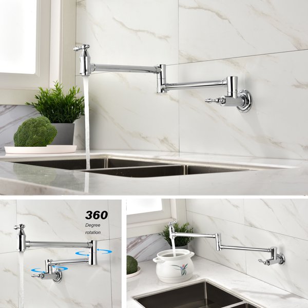 Pot Filler Faucet Wall Mount Kitchen Sink Faucet with Double Joint Swing Arms, Single Hole and 2 Handles - Gold