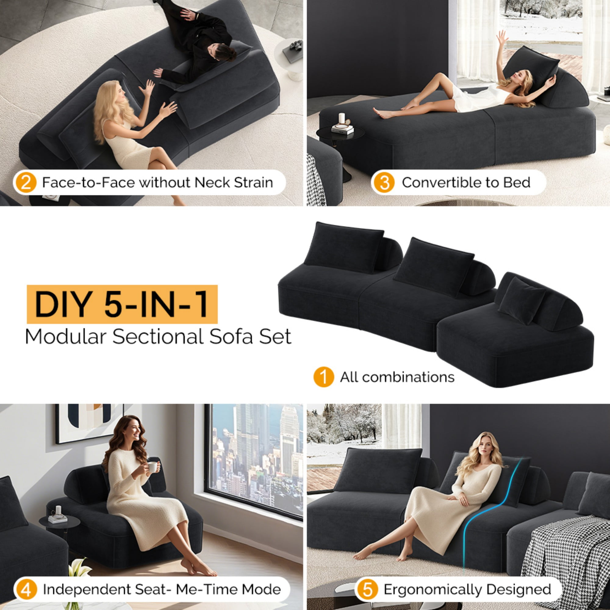 avobird 139" Modern Light Luxury Oversized Modular Sectional Sofa,Chenille Sofa with Removable Backrests and Soft Throw Pillows,Deep-Seated Sofa Suitable for Living Rooms and Offices,Dark Gray