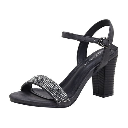 

Cathalem Women Sandals Simple And Fashionable Straight Buckle Rhinestone Comfortable Square Heel Thick Heel Black 42