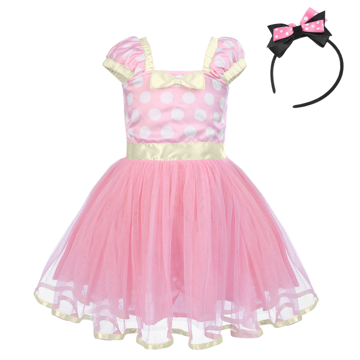 IBTOM CASTLE Toddler Girls Polka Dots Princess Party Cosplay Pageant Fancy Dress up Birthday Tutu Dress + Ears Headband Outfit Set 18-24 Months Pink - image 2 of 8