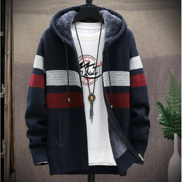 Mikilon Cardigan à Capuche en Tricot à Manches Longues Patchwork Décontracté pour Hommes avec Fermeture Éclair