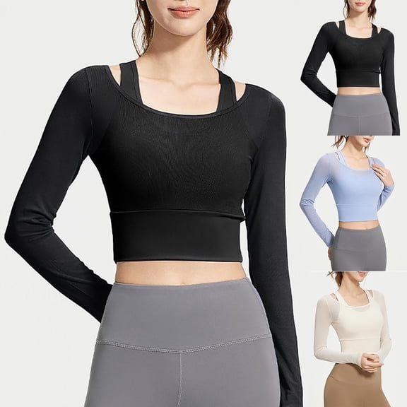 XPMWRP Women's 2 in 1 Yoga Long Sleeve Mesh Fitness Sports Tops Workout Shirts with Medium Support Sports Tops Blue M