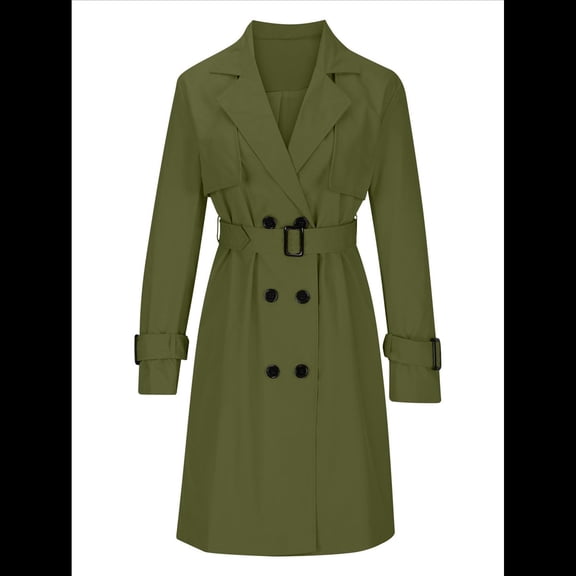 Women'S Double Breasted Long Sleeves Trench Coat Windproof Classic Lapel Slim Overcoat with Belt Green M