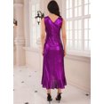 thumbnail image 4 of DARING DIVA Metallic Split Wrap Knot Waist Midi Cocktail Dress L Purple, 4 of 6