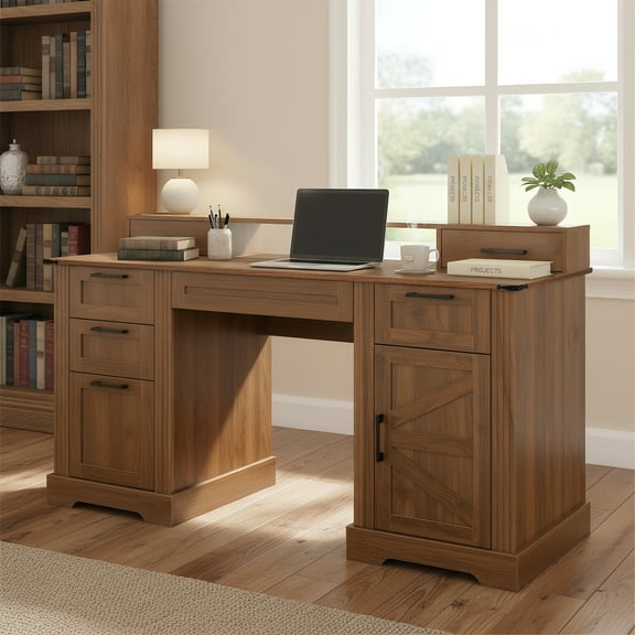 Lisonu 59" Farmhouse Desk Dark Walnut with Charging Station & Barn Door Storage Cabinet, File Drawer, Monitor Stand and Keyboard Tray – MDF Home Office Work Desk
