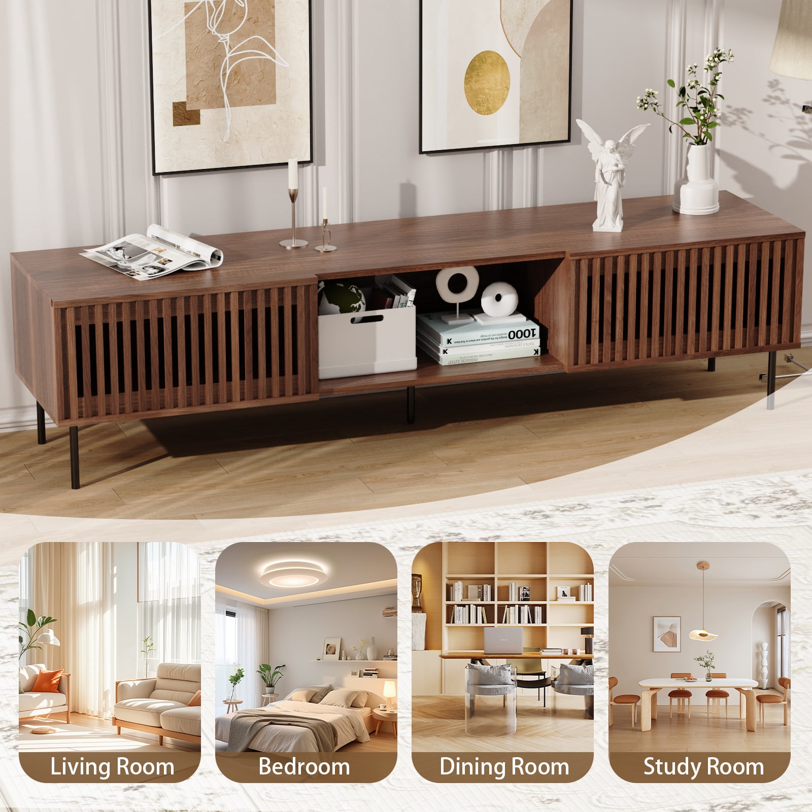 Hommpa TV Stand for 55/65/75/80 inch TV with 2 Slatted Doors, Mid Century Modern TV Console for Living Room Bedroom, Storage Cabinets Open Shelf Entertainment Center for Gaming Media Console, Walnut