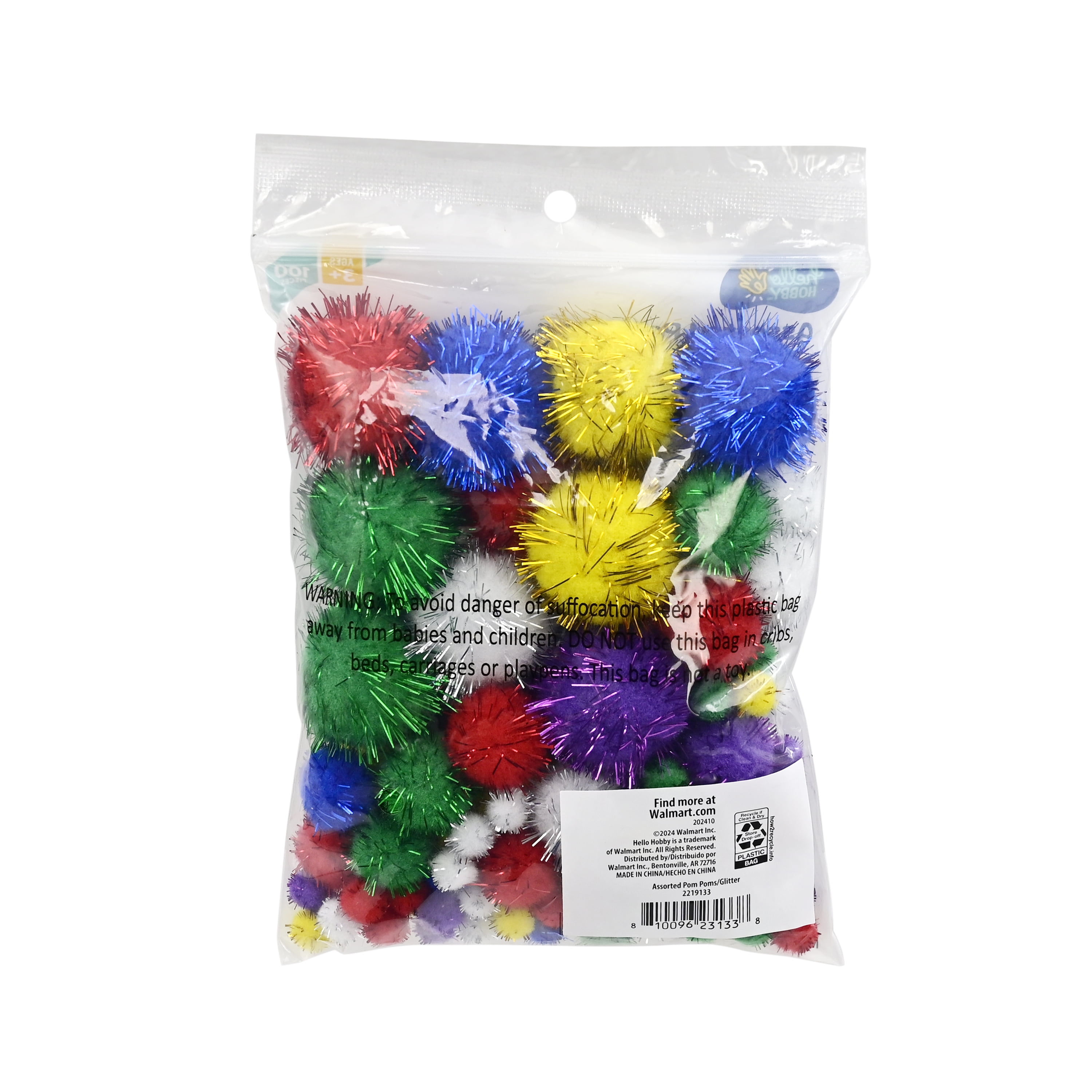 Hello Hobby Multicolor Glitter Craft Pom Poms, 100 Pieces