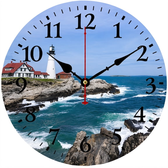 CozyHour 9.84 Inch Coastal Lighthouse Wall Clock, Ocean Beach Sea View Round Clock, Nautical Home Decor for Living Room Bedroom Office Kitchen