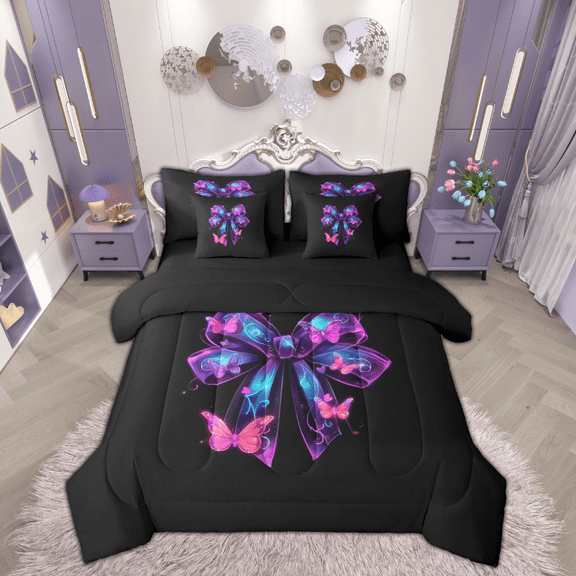 Manfei Kawaii Bowknot Kids Twin Bedding Sets 7-Piece, Dreamy Ribbon Animal Bedding Comforter Set, Neon Pink Butterfly Reversible Sheet Sets, Ultra Soft Home Decor