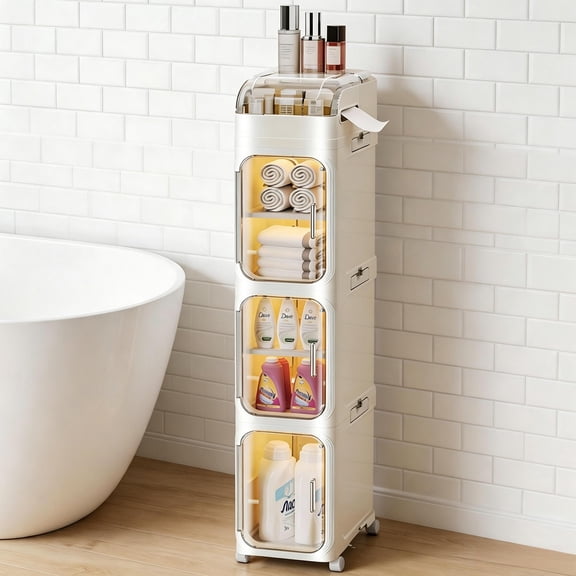 COOKCOK 4-Tier Narrow Bathroom Storage Cabinet, Foldable Slim Rolling Storage Cart with Wheels & Tissue Holder, Waterproof Crevice Organizer for Bathroom, Kitchen, Small Spaces, White