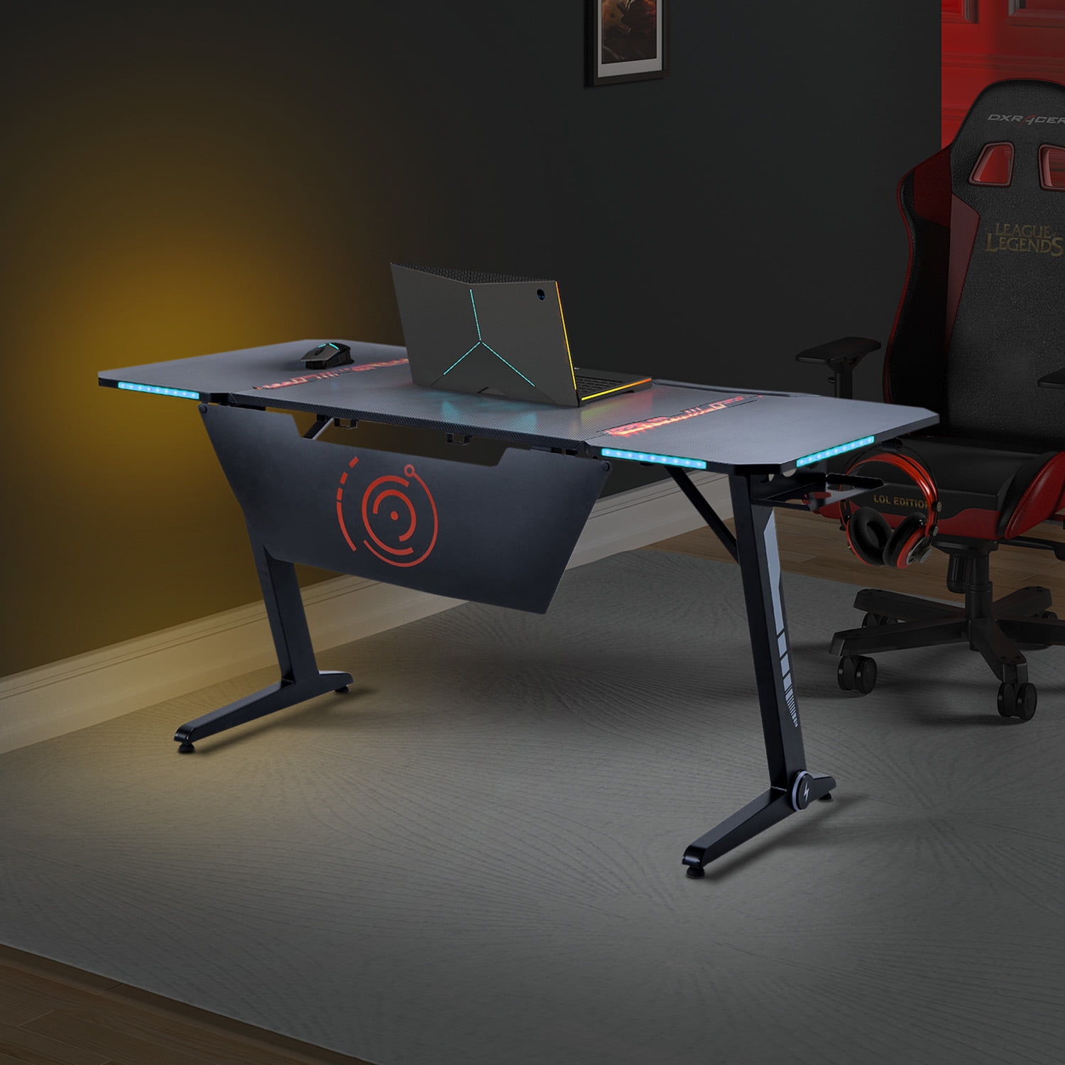 Gaming Desk 47" Z-shape Ergonomic Home Office Computer PC Desk w/LED Light Black 