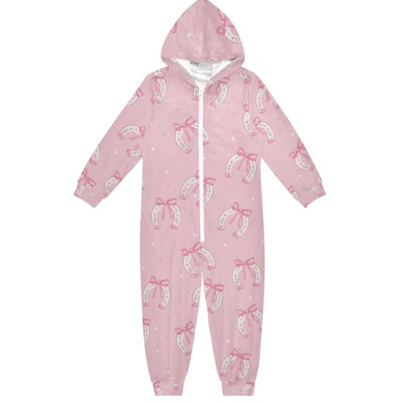 Bows Horseshoes Boys & Girls Hooded One-Piece Pajamas Warm Crystal velvet Hooded Long Sleeve Loungewear Jumpsuit Unisex